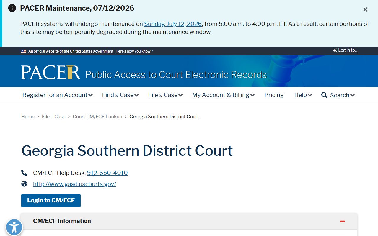 McIntosh County court dockets PACER CM ECF Georgia Southern District lookup