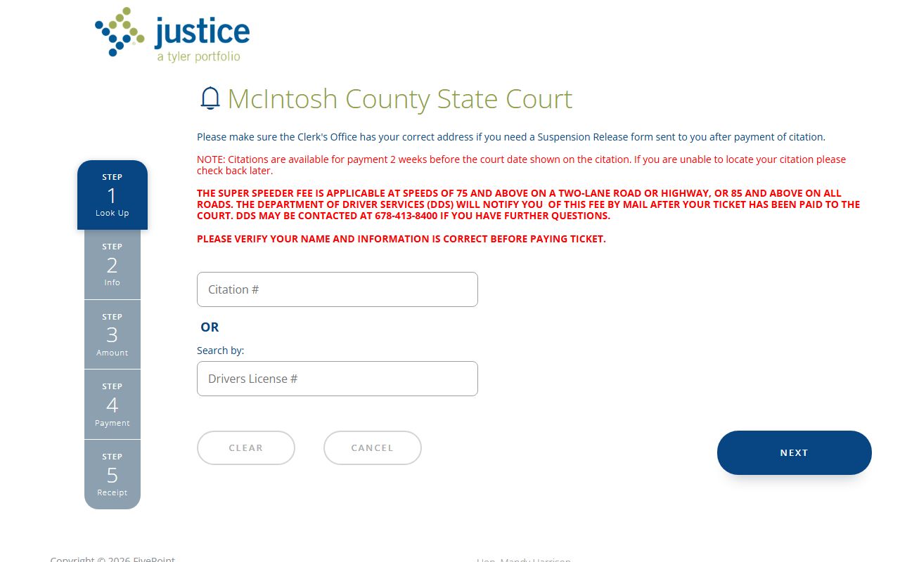 McIntosh County traffic court records FivePoint payment portal