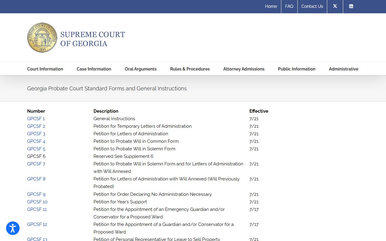 Supreme Court of Georgia probate standard forms page