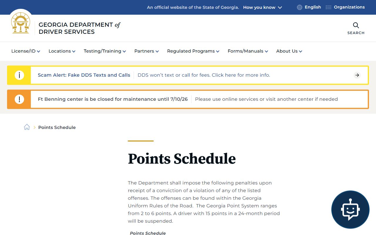 Georgia DDS points schedule page