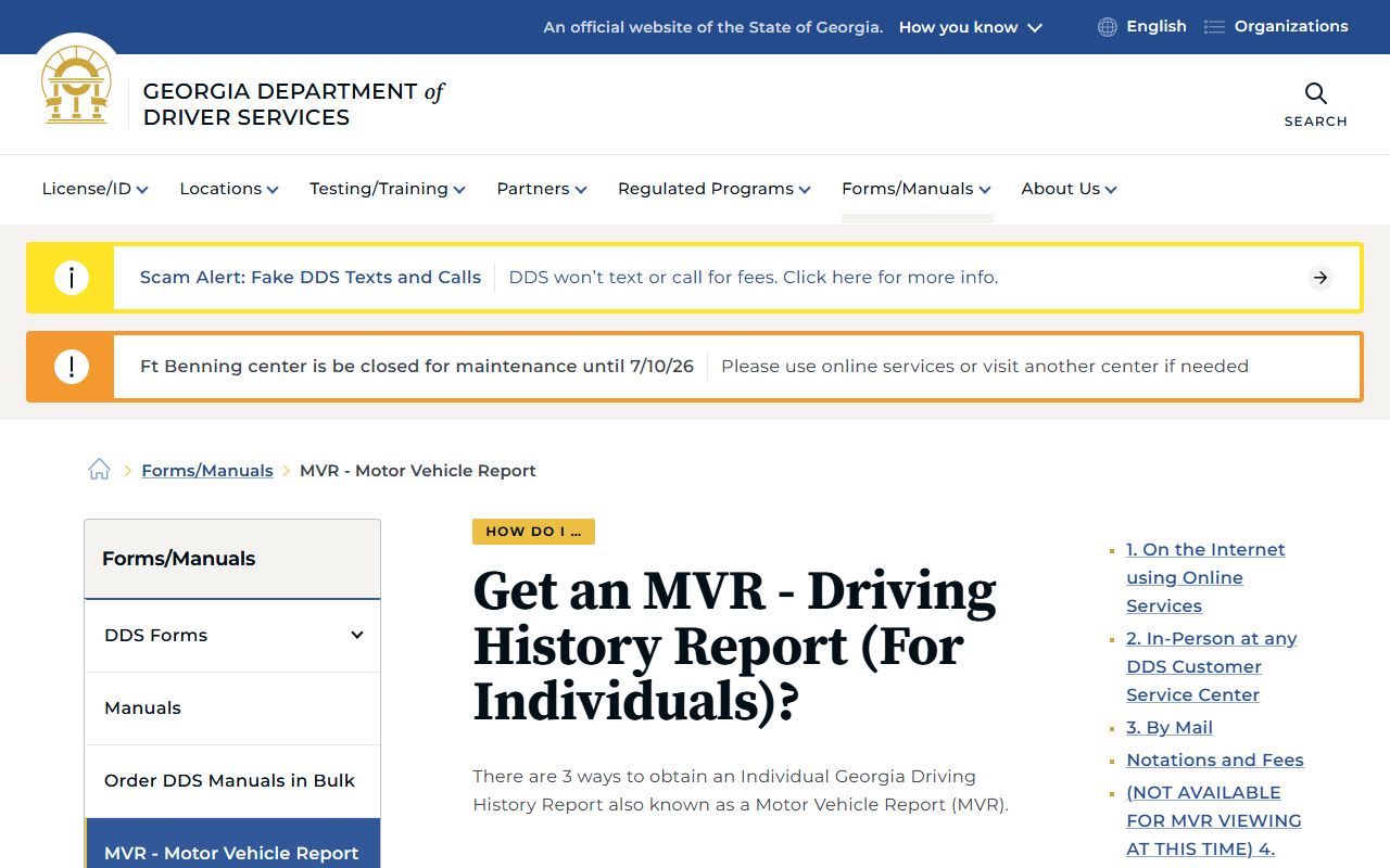 Georgia DDS motor vehicle report driving history instructions