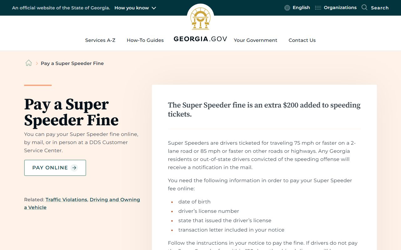 Georgia.gov Super Speeder fine guide